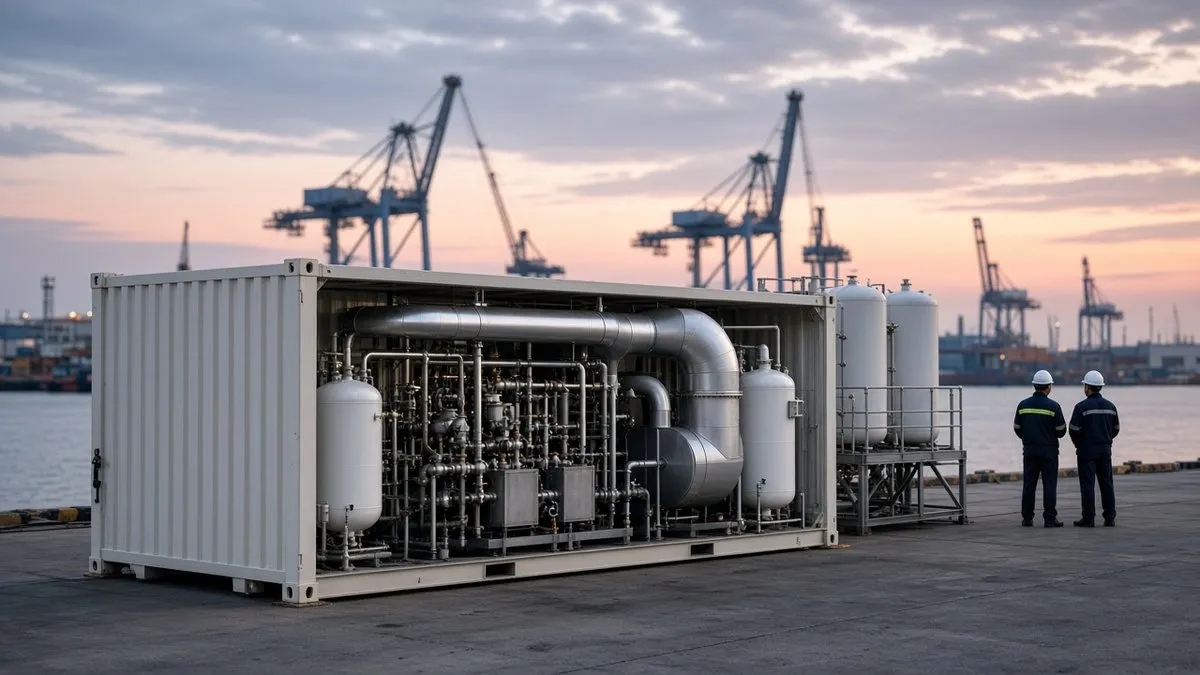 Containerized ammonia-to-power generation module with steel piping and storage tanks on a harbor quay, shipyard cranes in the background at dusk