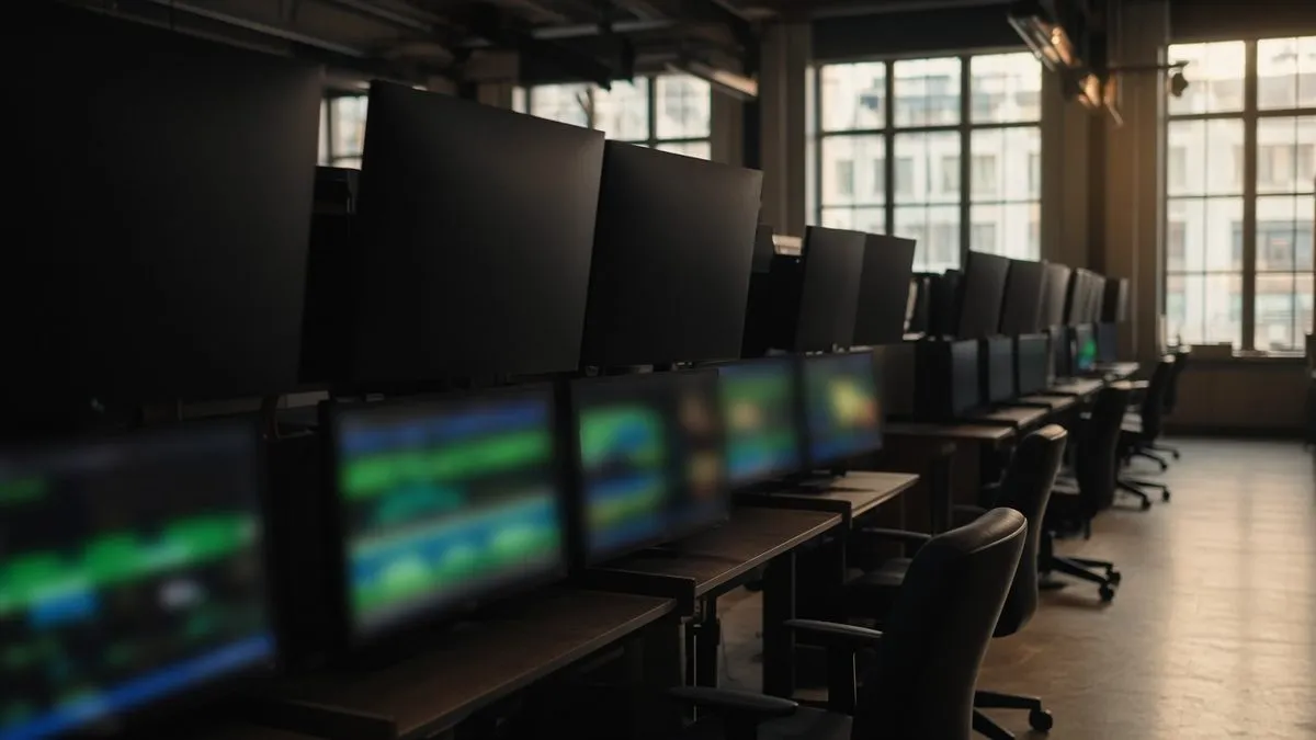 Rows of trading desks with glowing monitors in an empty, sunlit trading room