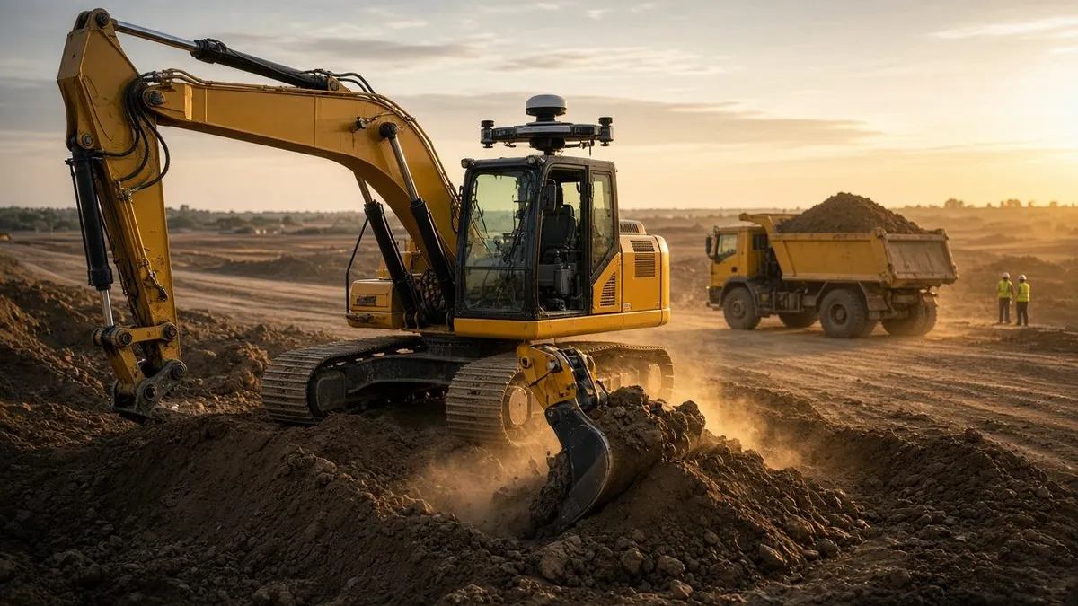 A yellow excavator with a roof-mounted sensor pod and an empty cab digging on a construction site at sunrise, with a loaded dump truck behind it