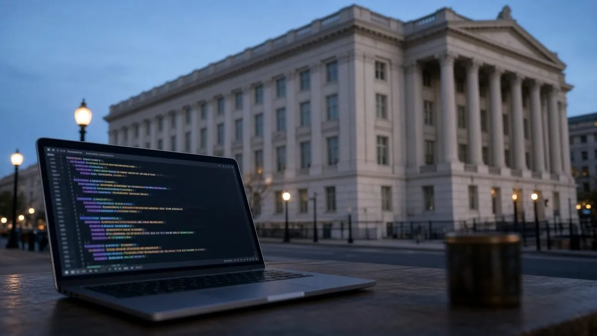 Neoclassical federal government building in Washington at dusk, with a laptop showing code on a table in the foreground