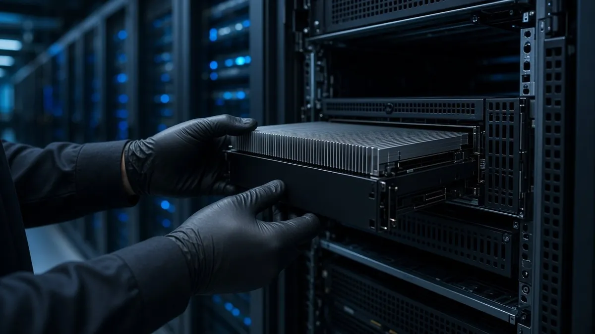 Gloved hands sliding a black AI accelerator card with an aluminum heatsink into a rack server in a blue-lit data center