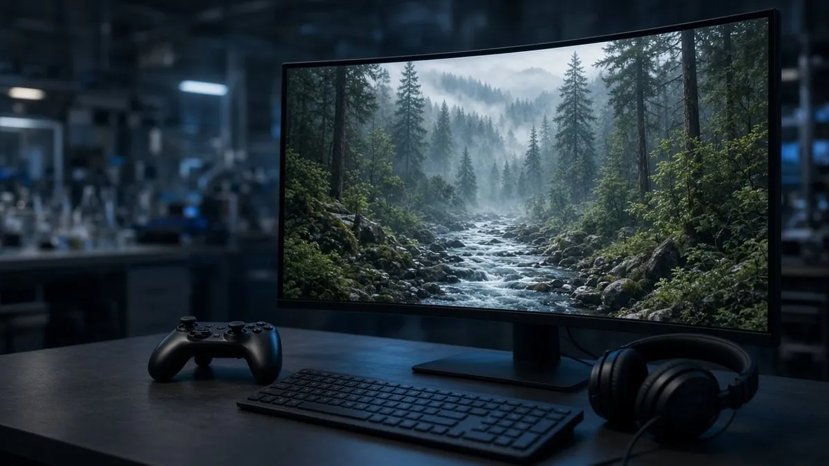 A curved monitor on a lab desk showing a misty forest river scene, with a game controller, keyboard and headphones