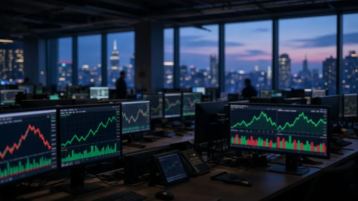 Trading floor at dusk with rows of monitors showing price charts and a city skyline through tall windows