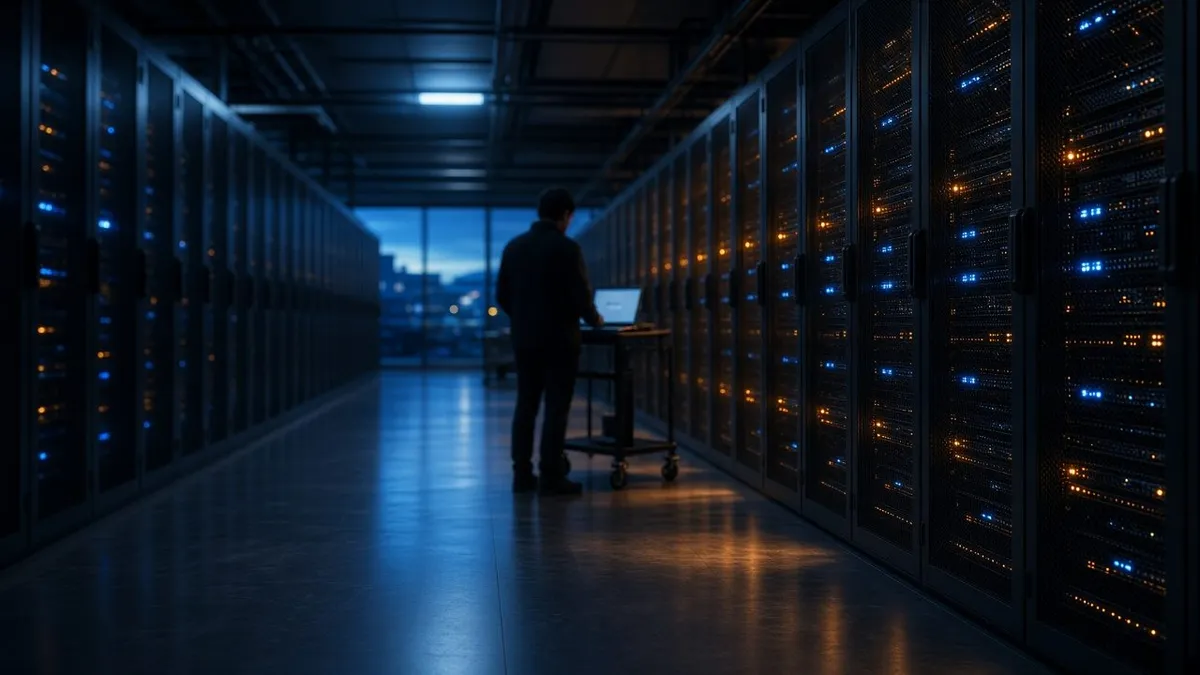 Rows of server racks with blue and amber status lights in a dim data center, with an engineer working at a laptop cart