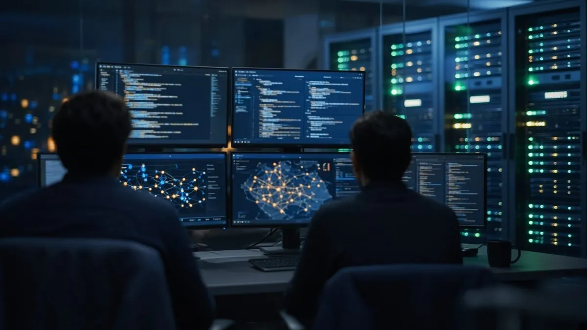 Two security analysts, seen from behind, watch monitors showing code and network maps in front of a glass wall of server racks
