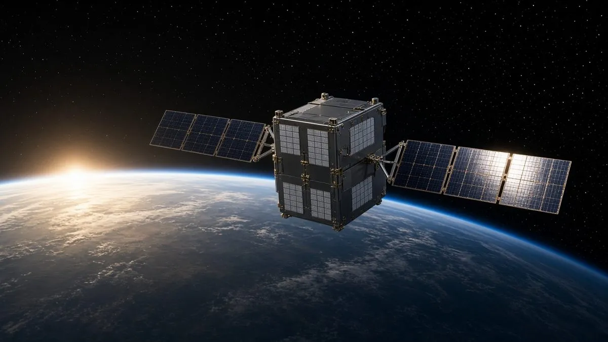 A small satellite with deployed solar panels orbiting above Earth's curved horizon at sunrise