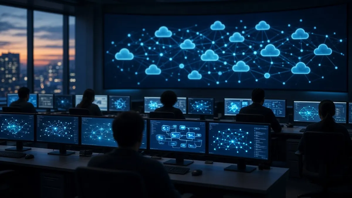 A dimly lit security operations center with analysts at rows of monitors showing network graphs and a large wall display of connected cloud workloads
